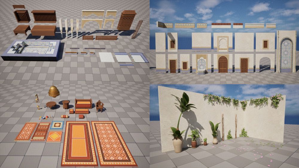 Varied renders of modular walls, objects and plants used to create a moroccan riad 3d environment.