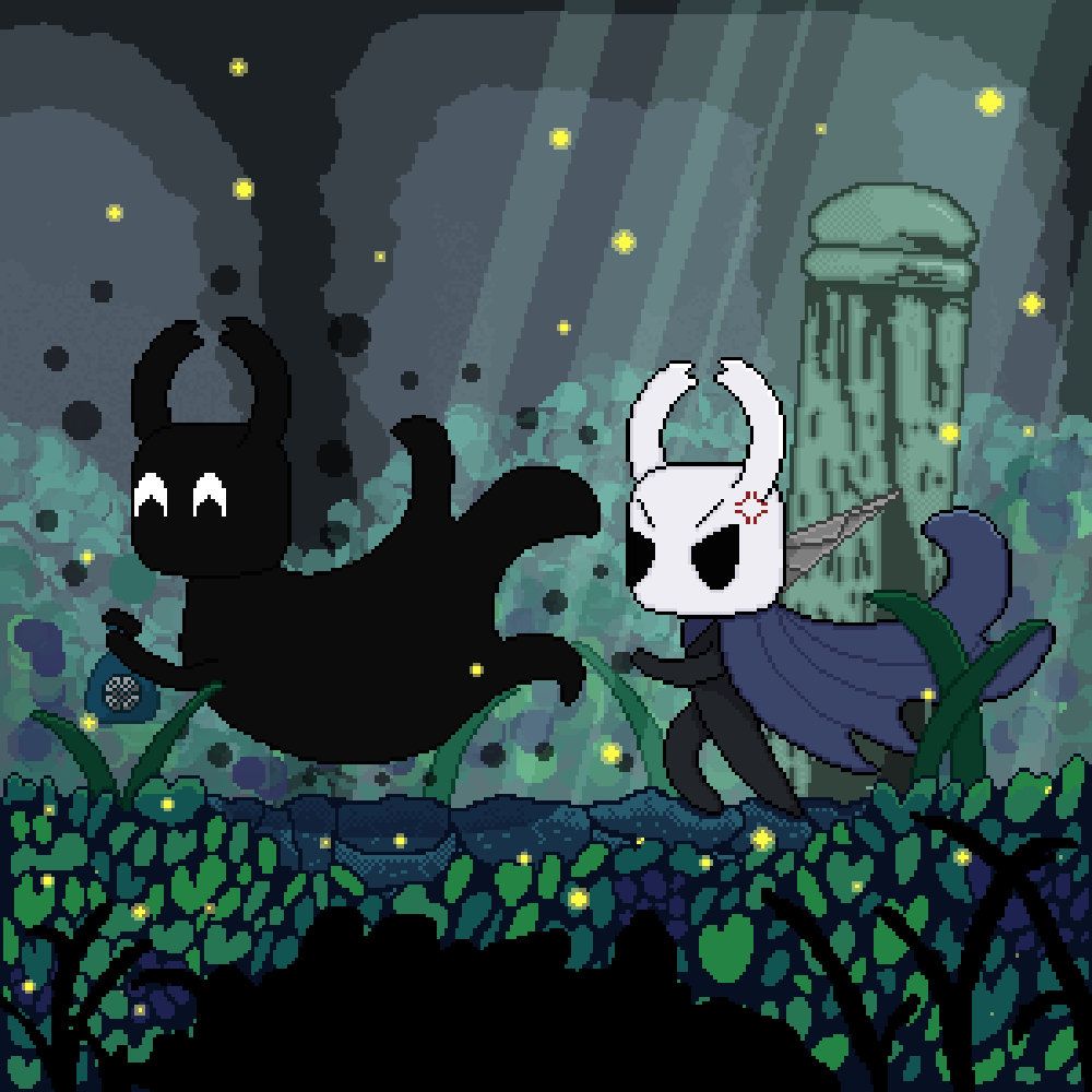 Pixel art drawing of the Knight from Hollow Knight chasing its shade. The shade has a bag of geo.