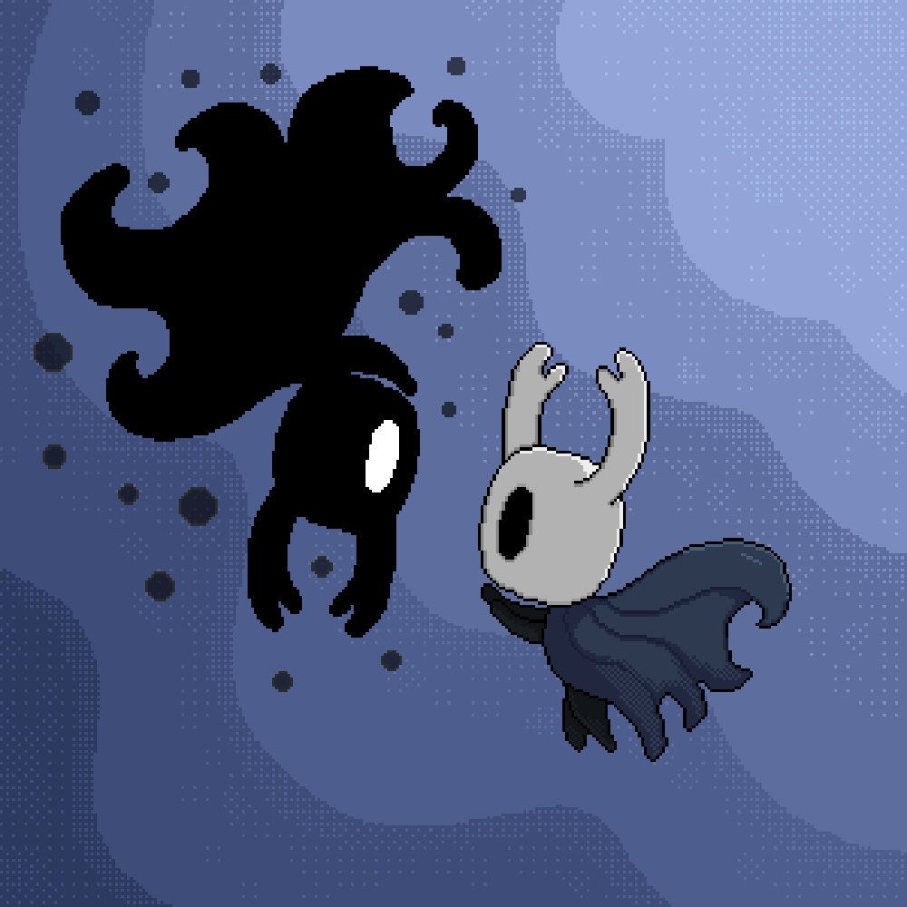 Pixel art drawing of the Knight and Shade from Hollow Knight.
