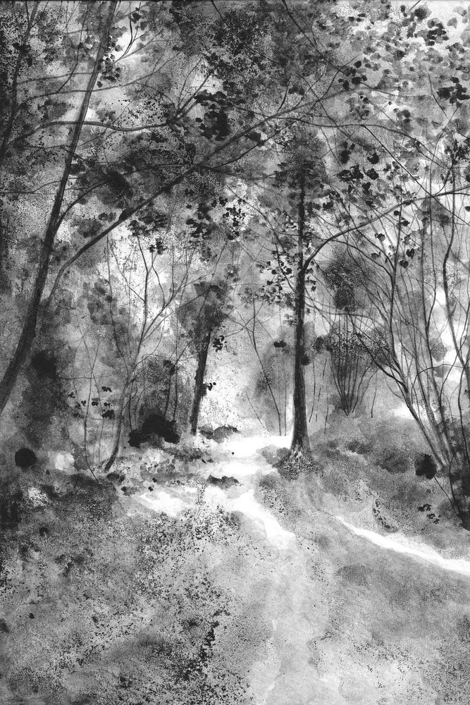 Black and white ink and brush drawing of a landcape.  