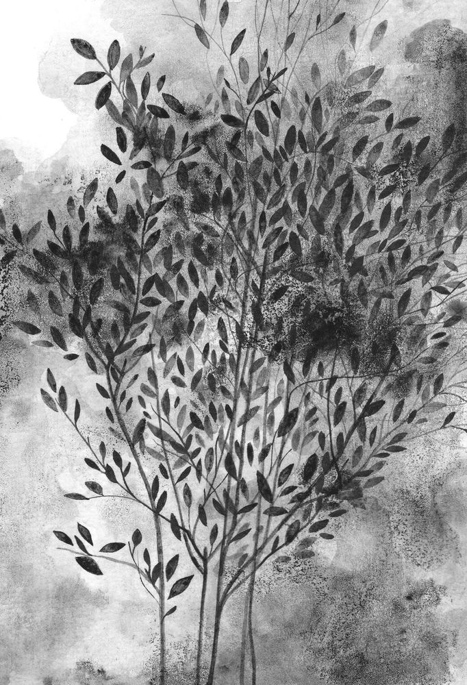 Ink drawing of lots of leaves. 