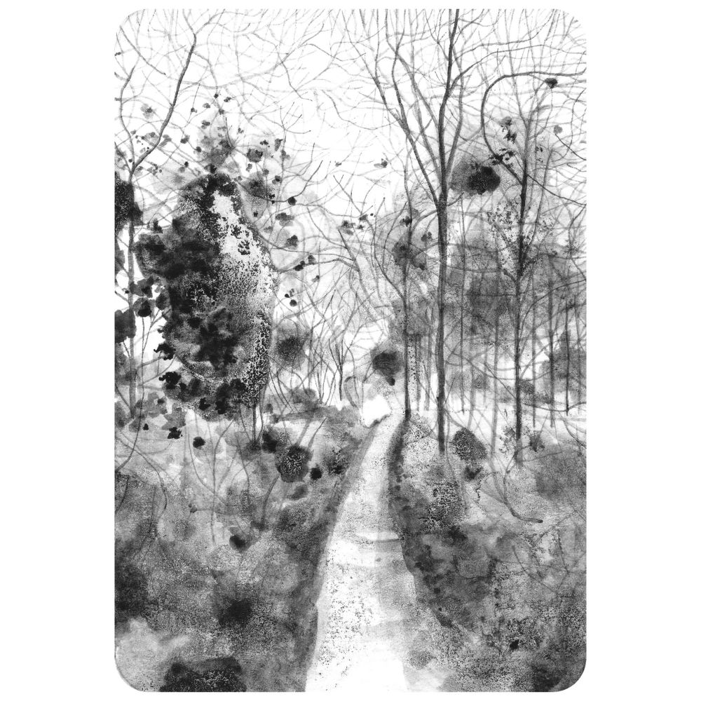 Black and white atmospheric ink drawing of a woodland landscape. 