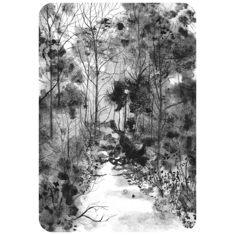 Black and white atmospheric ink drawing of a woodland landscape. 