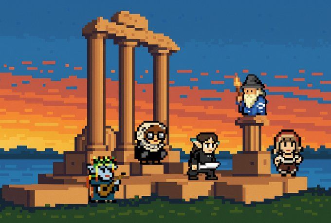An 8-bit video game illustration of the Connection Wizard characters gathering at Lake LaSalle at University at Buffalo's North Campus.