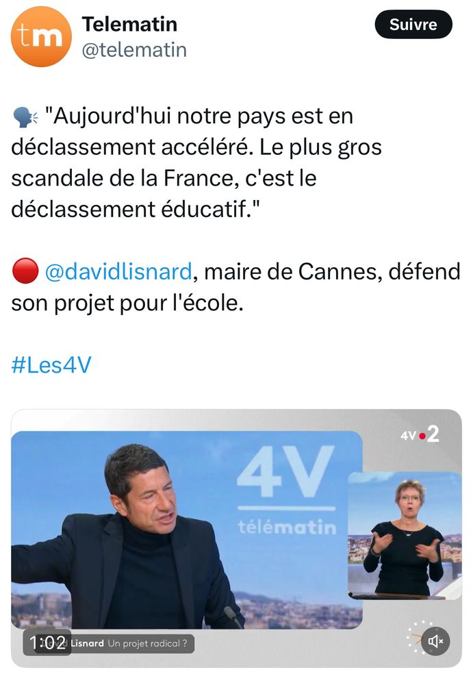 Le maire de Cannes David Lisnard se plaint du déclassement éducatif sur le plateau de Telematin