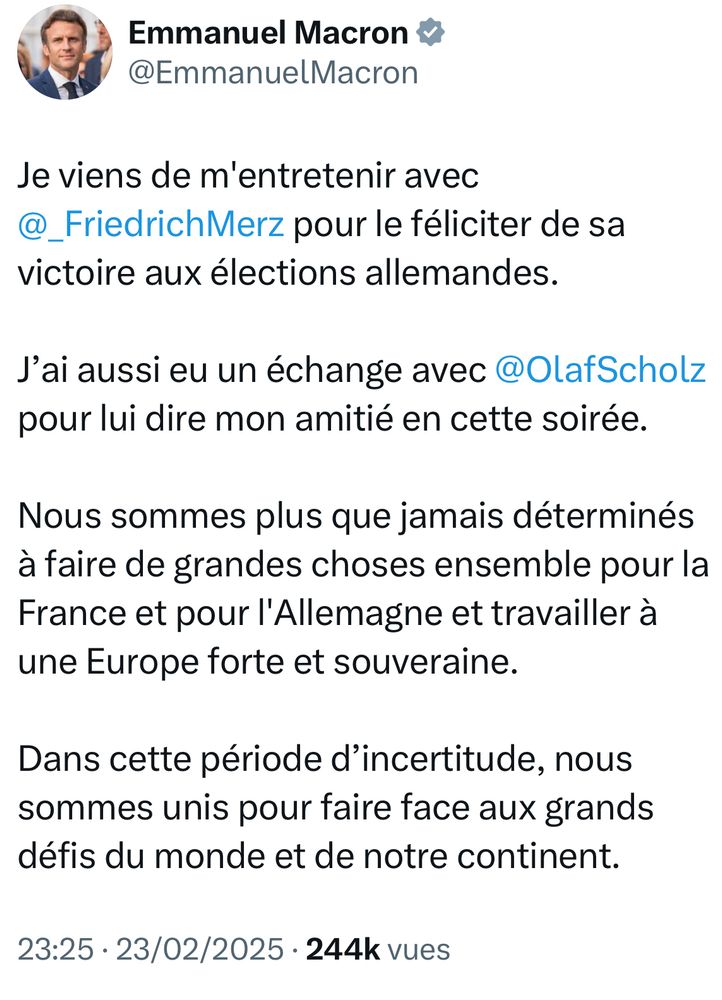 Capture d’écran d’un post X d’Emmanuel Macron félicitant les conservateurs allemands pour leur « victoire » aux législatives hier