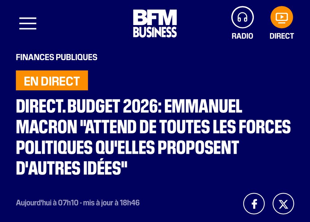 Visuel de BFM Business avec ce texte :

BUDGET 2026: EMMANUEL MACRON "ATTEND DE TOUTES LES FORCES POLITIQUES QU'ELLES PROPOSENT D'AUTRES IDÉES"