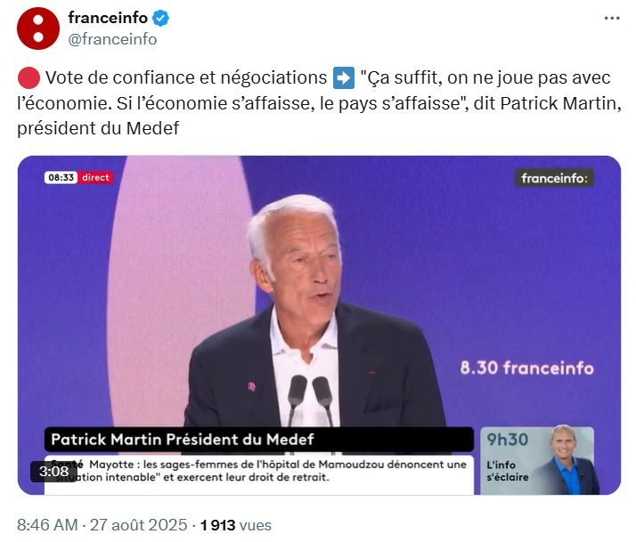 Capture d'écran d'un Post X de France Info avec ce texte : Vote de confiance et négociations ➡️ 