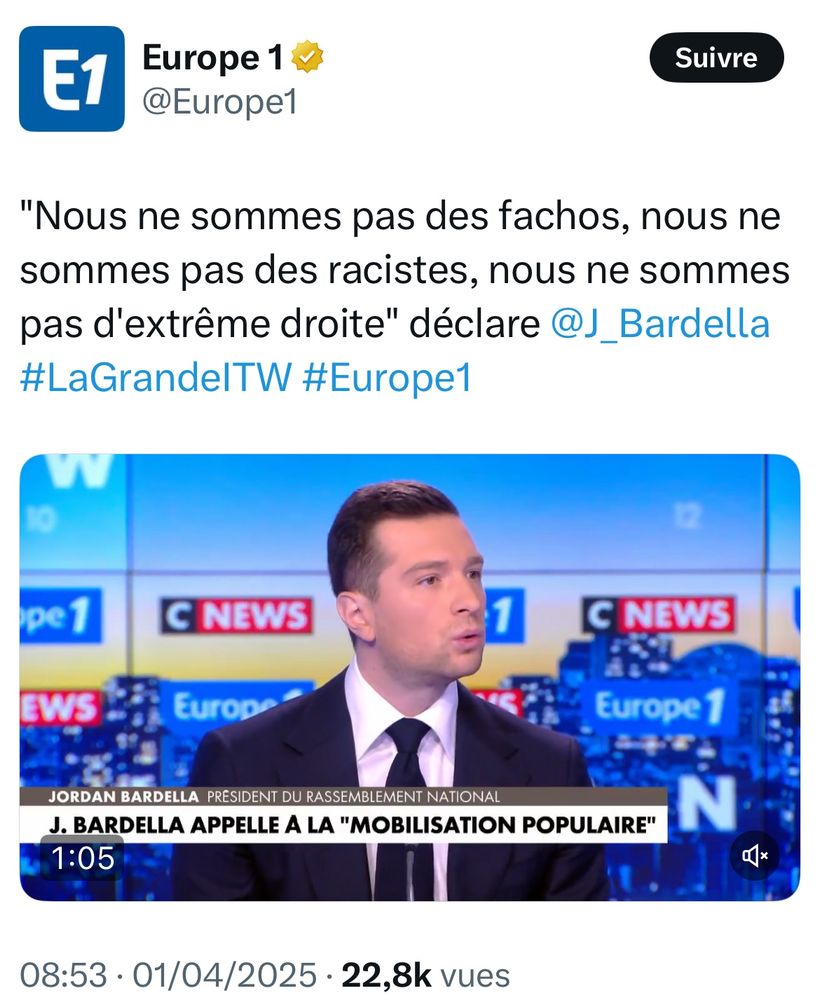 Déclaration de Jordan Bardella ce matin sur Europe 1 : 

« Nous ne sommes pas des fachos, nous ne sommes pas des racistes, nous ne sommes pas d’extrême-droite »
