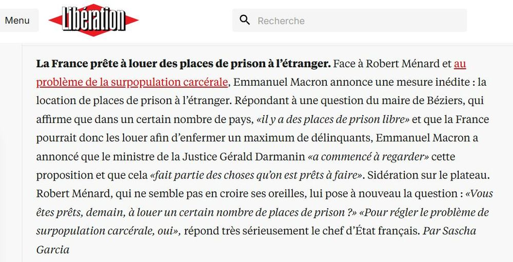 Extrait du face à face entre Emmanuel Macron et le maire d'extrême-droite Robert Ménard hier soir sur TF1 durant lequel le président de la République a confirmé qu'il aimait bien l'idée de louer des places de prison à l'étranger pour y enfermer des délinquants 