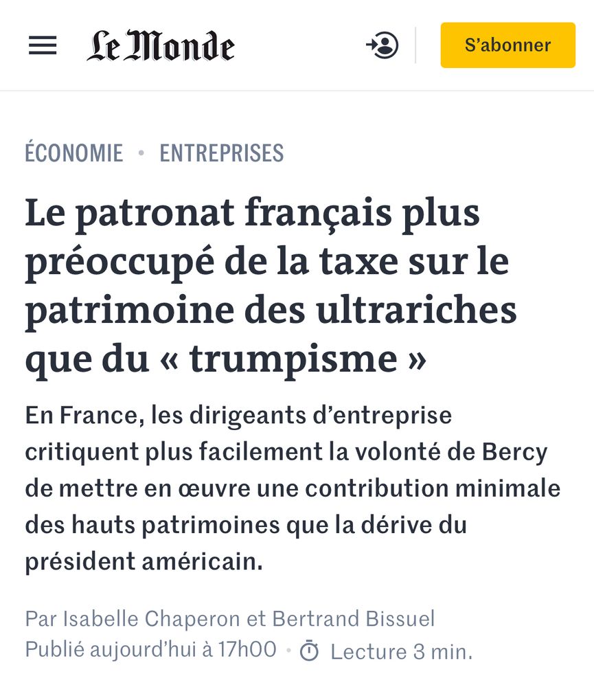 Extrait d’article du Monde avec ce titre : 

Le patronat français plus préoccupé de la taxe sur le patrimoine des ultrariches que du « trumpisme »
