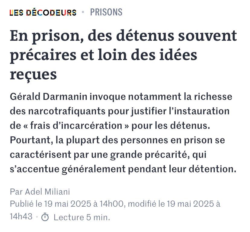 Capture d’écran d’un article des « Décodeurs » du Monde avec ce titre :

En prison, des détenus souvent précaires et loin des idées reçues