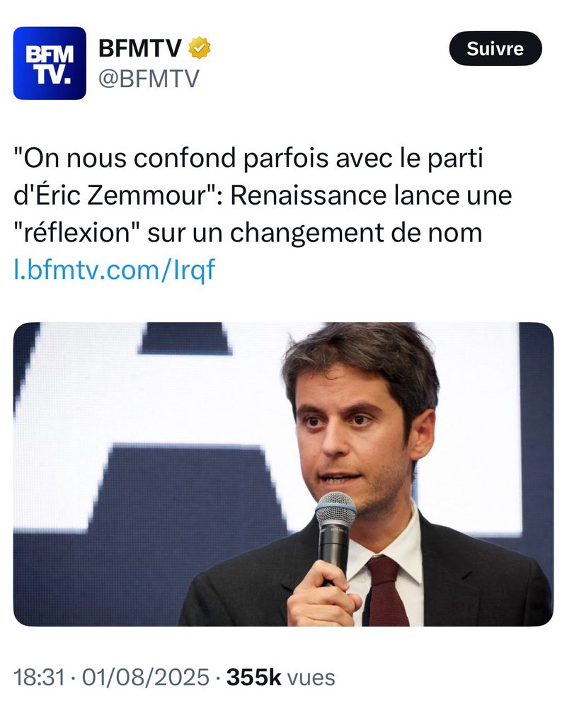 Capture d’écran d’un Post X de BFMTV avec ce texte :

"On nous confond parfois avec le parti d'Éric Zemmour": Renaissance lance une "réflexion" sur un changement de nom