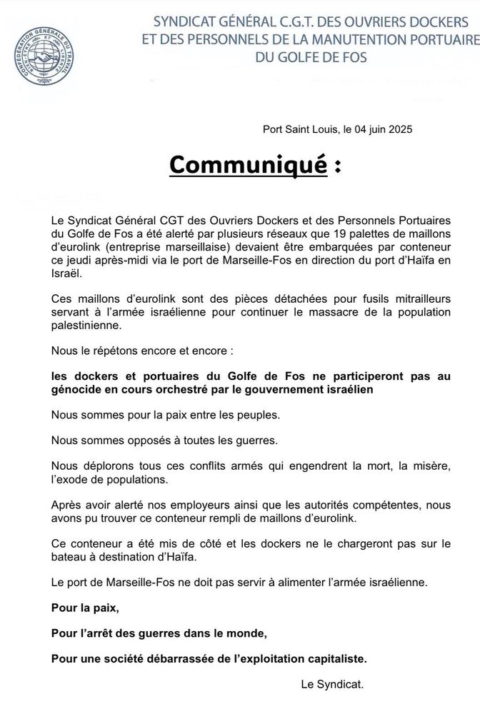 Communiqué officiel du syndicat des dockers du Port de Marseille-Fos refusant de charger les palettes de pièces détachées pour fusils-mitrailleurs destinées à l’armée israélienne sur un bateau en escale demain matin à Fos et à destination du Port d’Haïfa