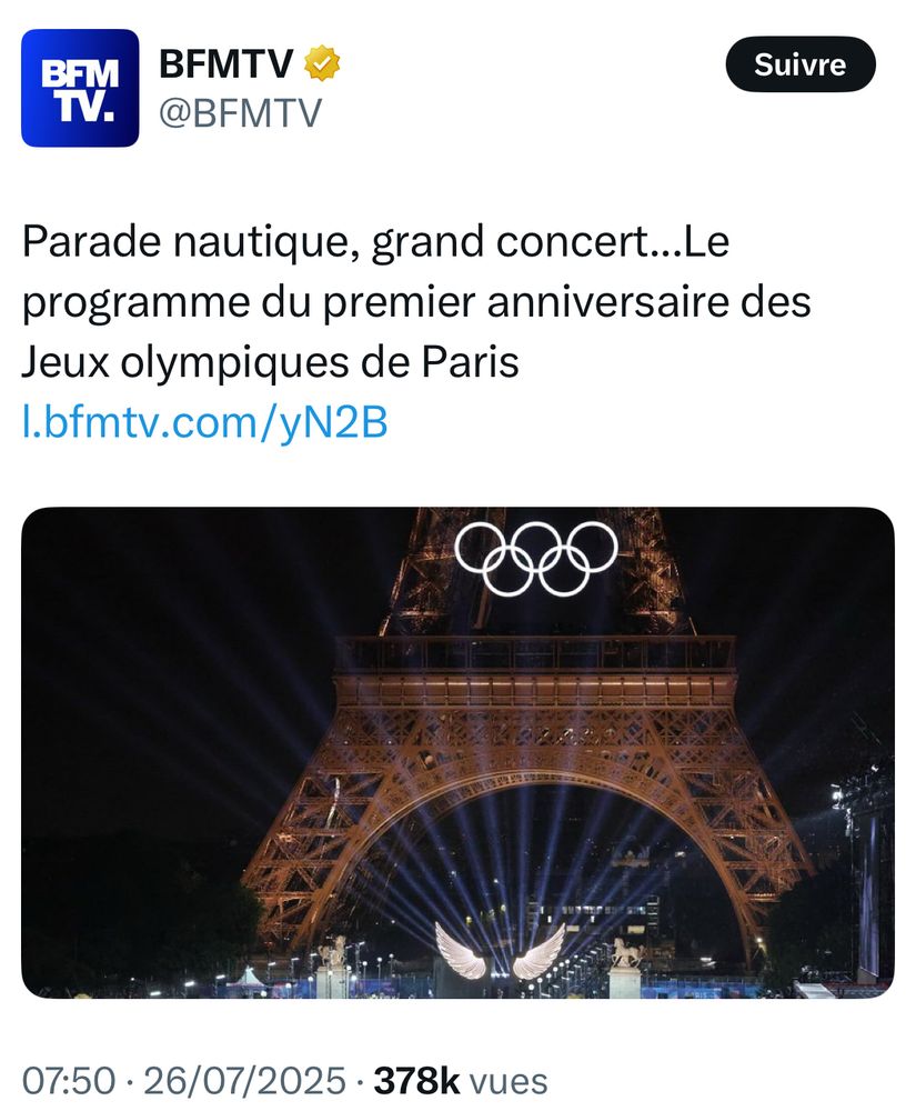 Post X de BFMTV avec ce texte :

Parade nautique, grand concert...Le programme du premier anniversaire des Jeux olympiques de Paris