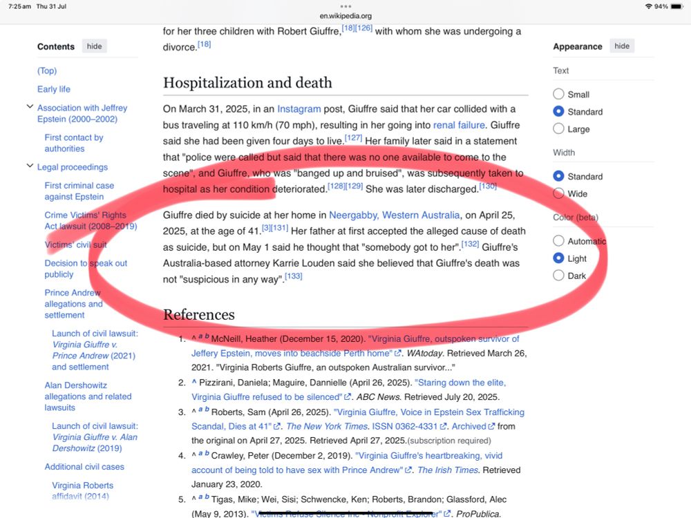 Wikipedia extract re Virginia’s death 