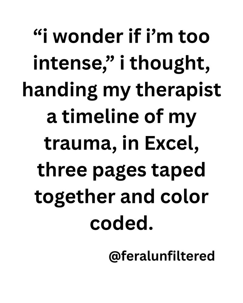 "i wonder if i'm too intense," i thought, handing my therapist a timeline of my trauma, in Excel, three pages taped together and color coded. @feralunfiltered