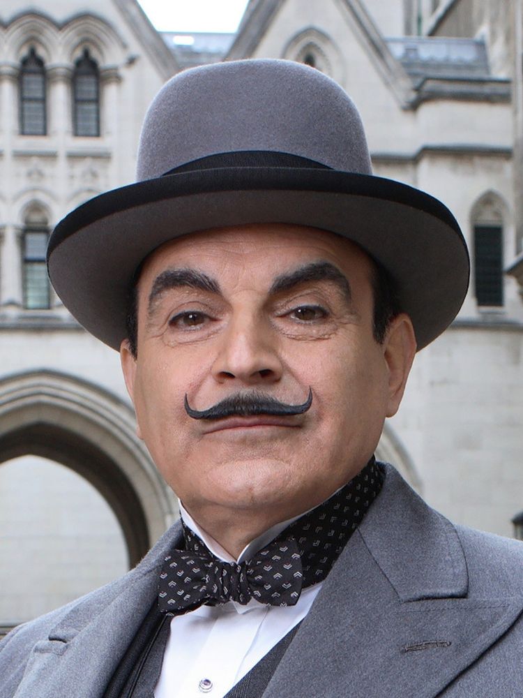 The actor David Suchet in character as Hercule Poirot, with his very very moustache.
