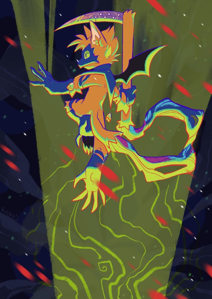 a masked creature holding their scythe tail looking to the left in a serious manner. light is coming from below as a flurry of red spots flow downward in front of the figure.