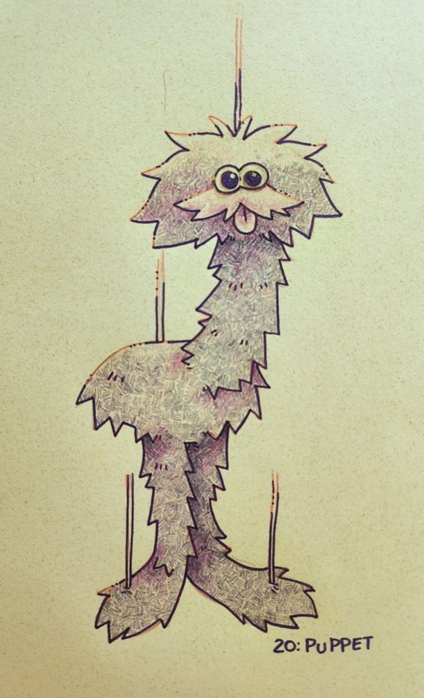 a fluffy marionette with no arms, a long neck and legs.