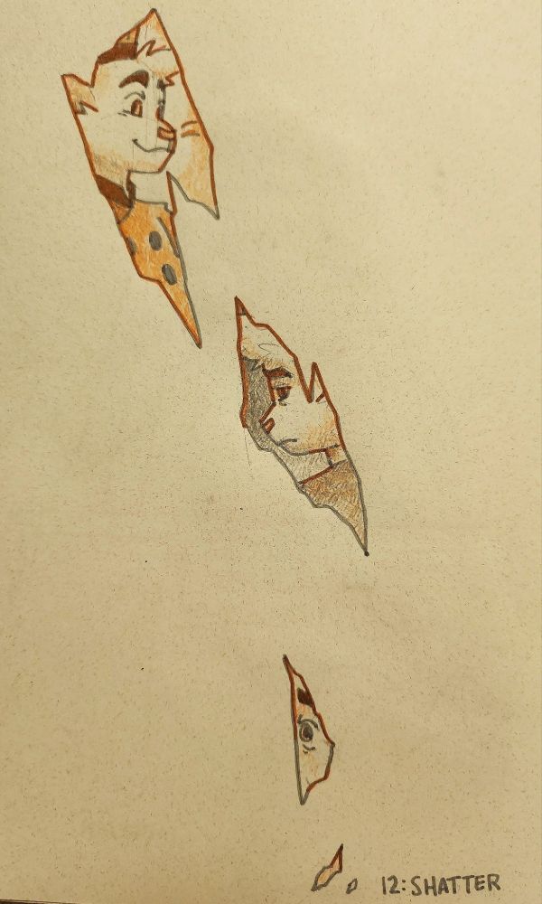 shattered pieces of glass portray a cat chef, a somber expression, and a fearful expression.