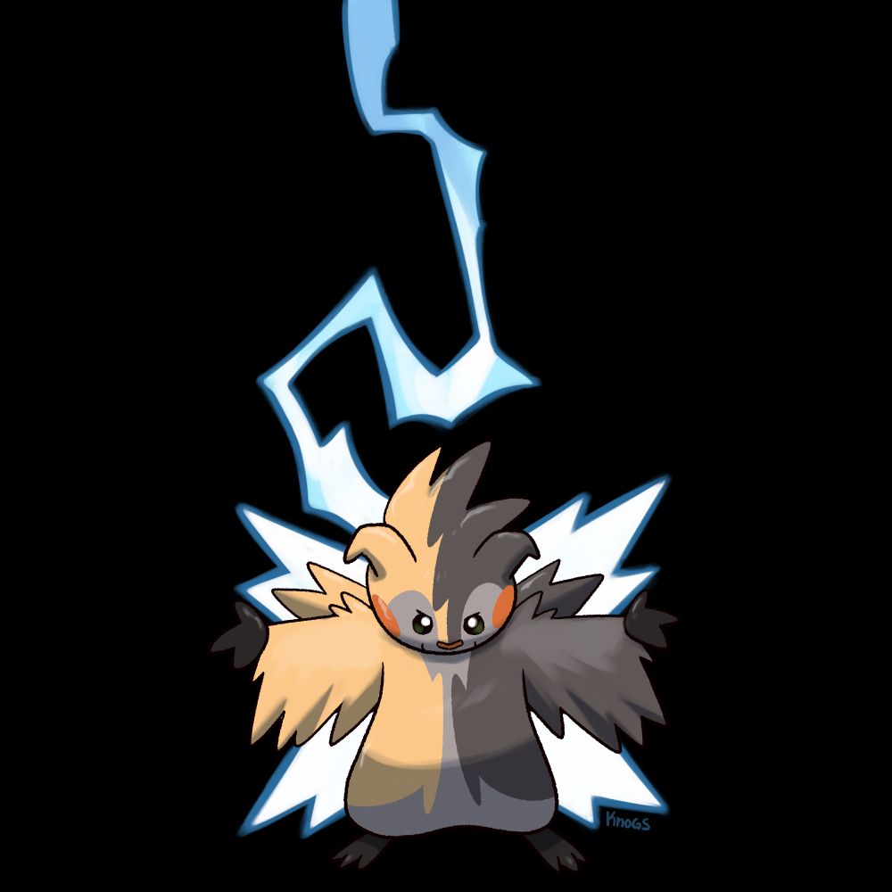 a rodent-like fakemon with lightning striking down towards it. it's making a pose that reads "come at me, bro."