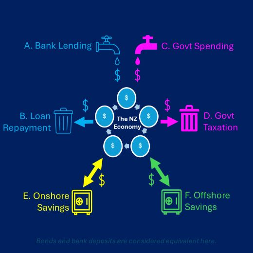 Image shows 'Bank Lending' and 'Govt Spending' as 'money taps' - pouring money into the economy depending on appetite for bank loans and how much Govt decides to spend respectively.
The economy is shown as a money-go-round - with people exchanging money for goods. As money moves between people, work is done, people get paid, goods are made and consumed etc. Obviously this economy also relies on energy and materials.
Bank loan repayments and Govt taxation are shown as drains on the economy - rubbish bins - where money goes to die. This is indeed the reality.
Onshore and offshore savings remove money from the economy, but savings can also be spent. In NZ, net saving always wins out. 