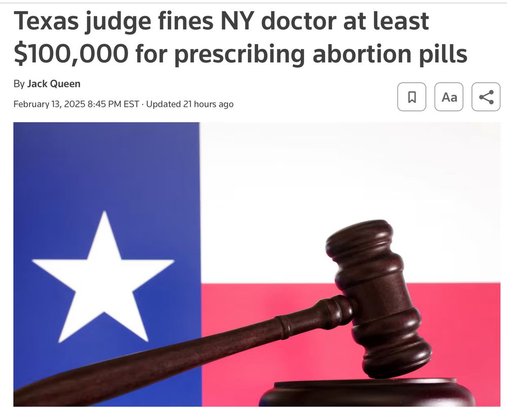 News headline about Texas judge fining New York doctor for prescribing abortion pills. 