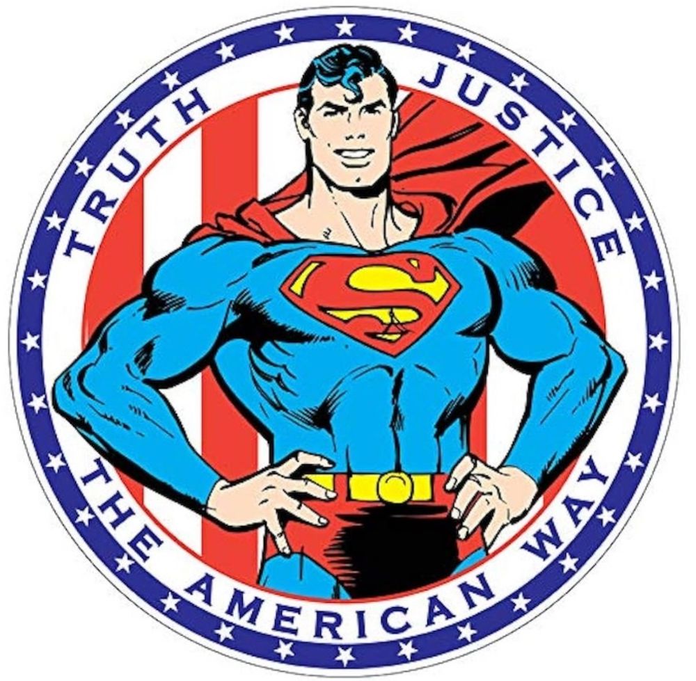 A comic drawing of Superman with the slogan Truth, Justice, and The American Way surrounding it. 