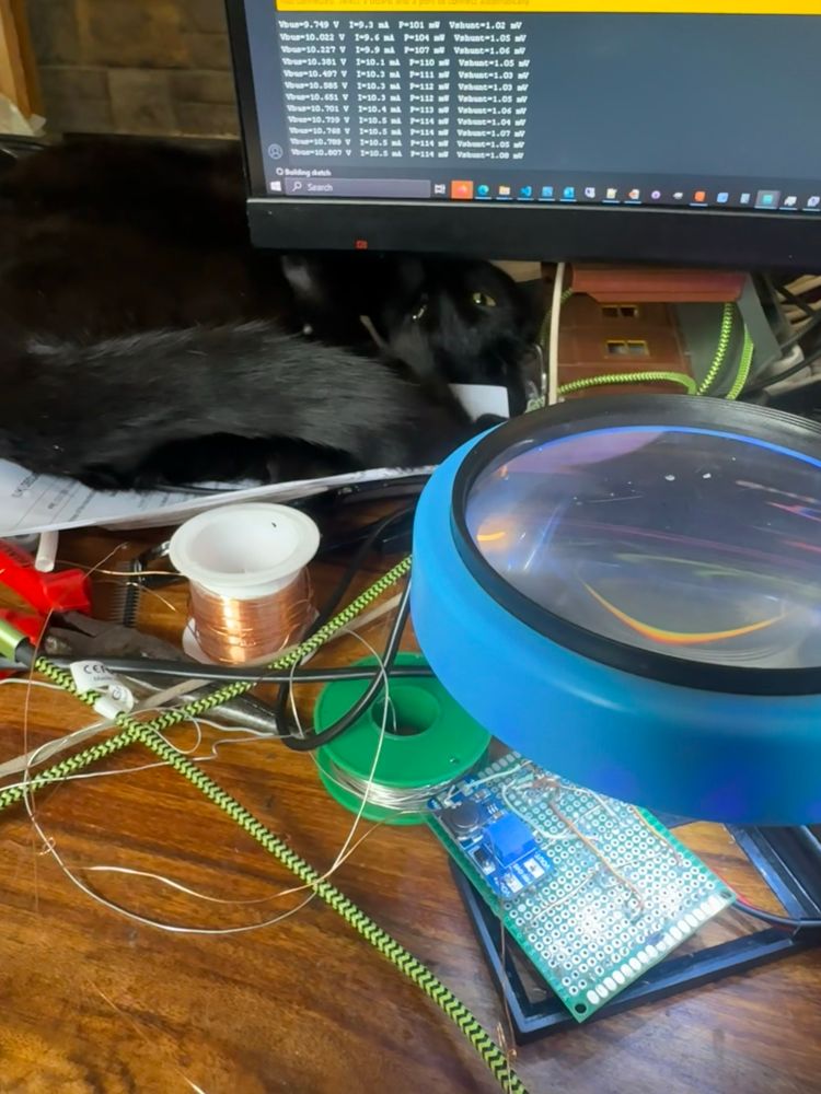 A messy workspace and a kitty trying to sleep on what can’t possibly be comfortable..