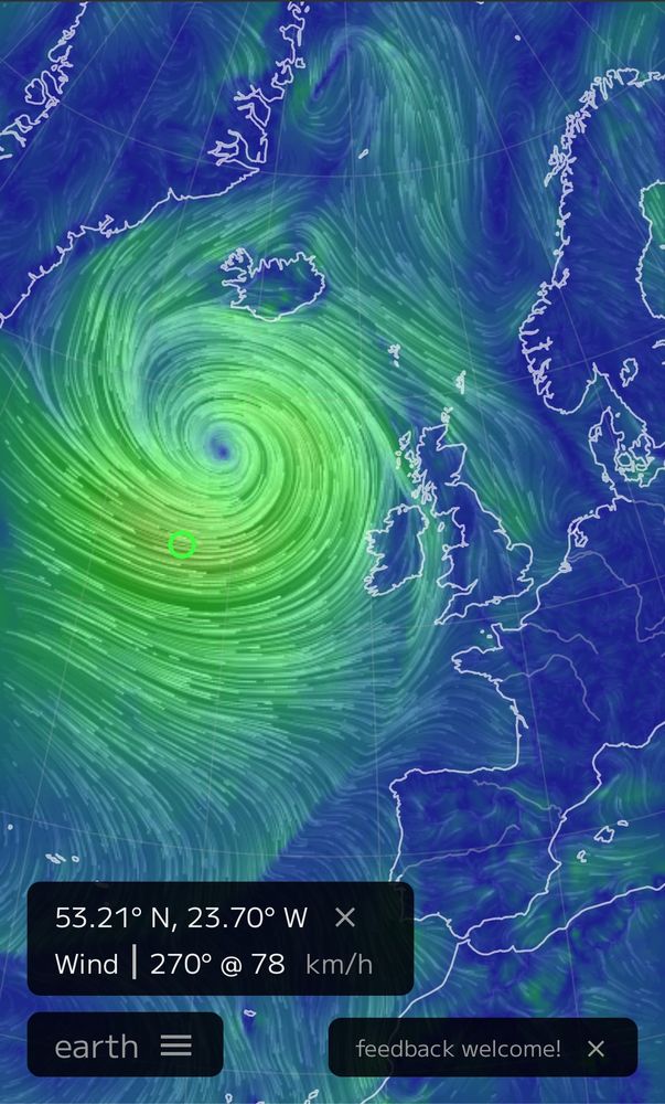 Pressure and wind map showing quite the storm off the west coast of the UK from https://earth.nullschool.net/#current/wind/surface/level/orthographic=-12.68,53.37,776/loc=-23.702,53.215