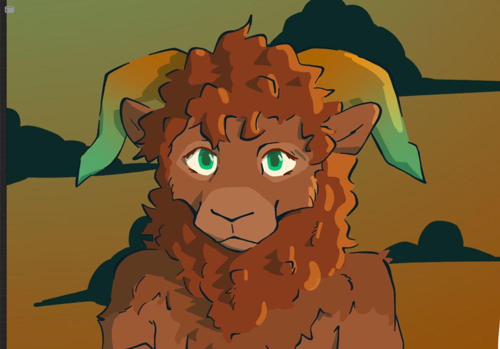 A headshot of honey, a rocky mountain sheep with yellow fading to green horns in front of an orange, clouded sky