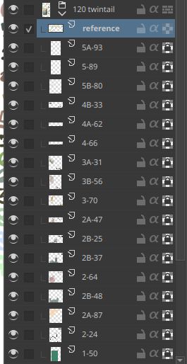 All the layers going into one of the paintings, each different color being separated into its own layer. 