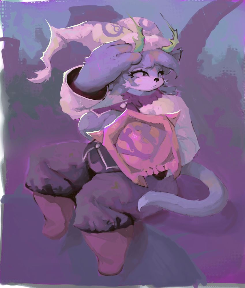 A portrait of our poon mystic character in Atlyss, sitting around & relaxing. It rests at the edge of a pit, letting its feet dangle down. It looks to the right, keeping its doofy jester hat on, its shield held.