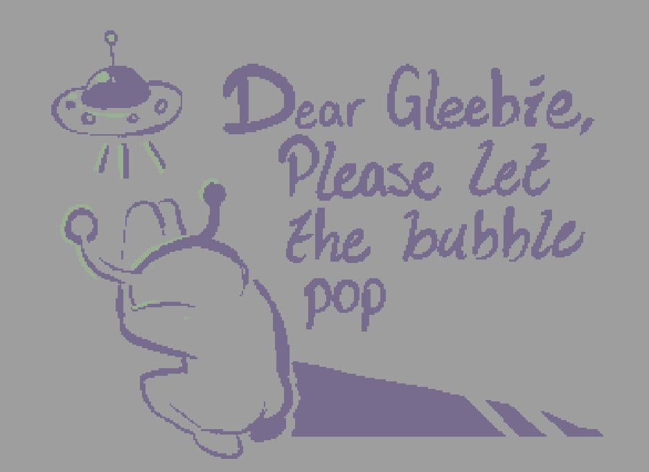 An alien before an idol of a flying saucer, saying "Dear Gleebie, please let the bubble pop."