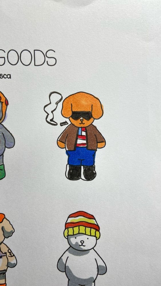 um cachorrinho da coleção de livros de colorir "bobbie goods", pintado de laranja e com as roupas do personagem "rival amigável" da minha hq "hq de briga": óculos escuros, casaco marrom, camiseta com a estampa da bandeira dos estados unidos, calça azul e botas pretas. ele fuma um cigarro que paira ao lado de sua cabeça, lançando fumaça para o alto