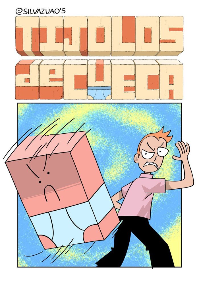 capa do quadrinho TIJOLOS DE CUECA. um homem branco, de cabelo laranja e olhos enormes, vestindo camisa rosa e calça preta, arremessa um tijolo vestindo uma cueca azul. o tijolo tem um rosto furioso desenhado na face.