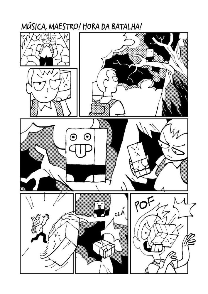 página intitulada: "música, maestro! hora da batalha!"

quadrinhos 1 e 2: tony vem andando com as mãos no bolso e repara em algo acima de sua cabeça.

quadrinho 3: tony vê um tijolo de cueca em cima de uma árvore.

quadrinho 4: tijolo de cueca mostrando a língua pra fora. tony segura seu tijolo, olhando-o com expectativa.

quadrinhos 5 a 7: tony arremessa seu tijolo, que bate no tronco da árvore e volta na sua cara.