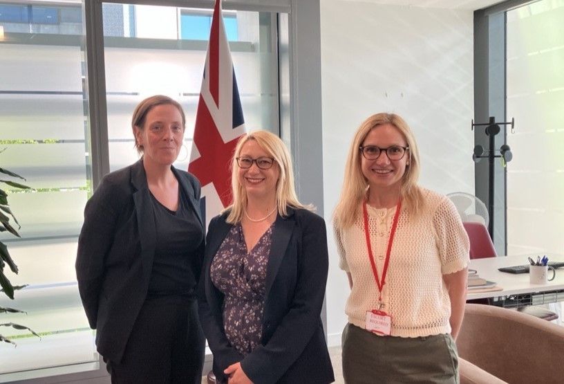 Meeting at the Home Office between Minister for Violence Against Women and Girls, Jess Phillips (left), Jess Asato, MP for Lowestoft and Chair of the Perpetrators of Domestic Abuse APPG (middle), and Dr Caroline Miles (right). 