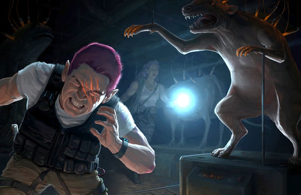 Illustration of a dwarf man and an ork woman in a dark, underground, abandoned subway station being used as a laboratory. The dwarf man grimaces and holds a hand up to glowing scratch marks on his face, while the ork woman in the background shines a flashlight at an apparently immobile rat monster held up by metal posts and connected to glowing orange tubes. Illustration by Jori Bolton for Catalyst Game Labs and the Shadowrun TTRPG.