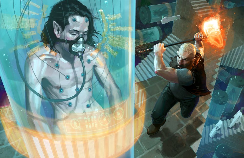 Illustration by Jori Bolton of a dwarf wielding a glowing, fiery warhammer and running toward a man-sized specimen tank containing a submerged elf. In the background, stairs and walkways go in every direction, and humanoid figures walks around and examine other specimen tanks. Done for Catalyst Game Labs and the Shadowrun TTRPG.