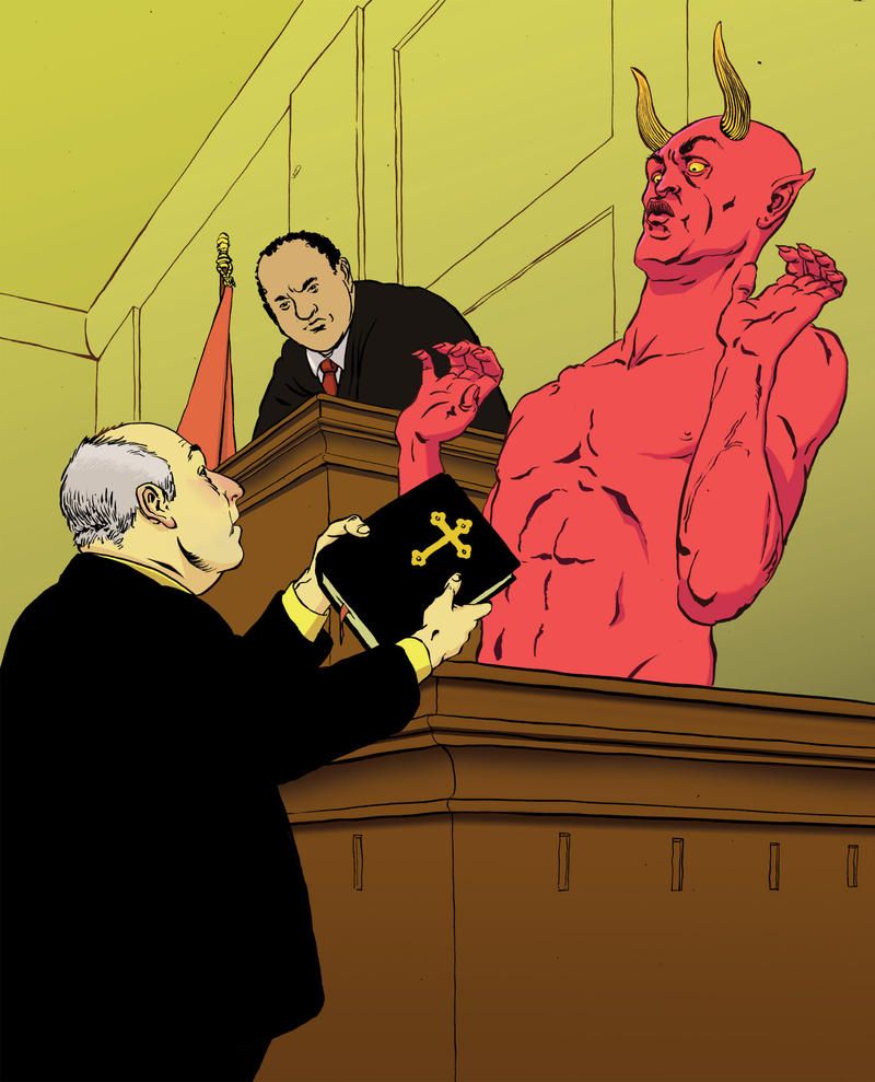 Image showing a courtroom bench, while a man in a black suit presents a bible to a red-skinned, horned, devil-looking man who recoils back. A judge looks on in displeasure from the background. Drawn by Jori Bolton for a college assignment sometime around 2010.