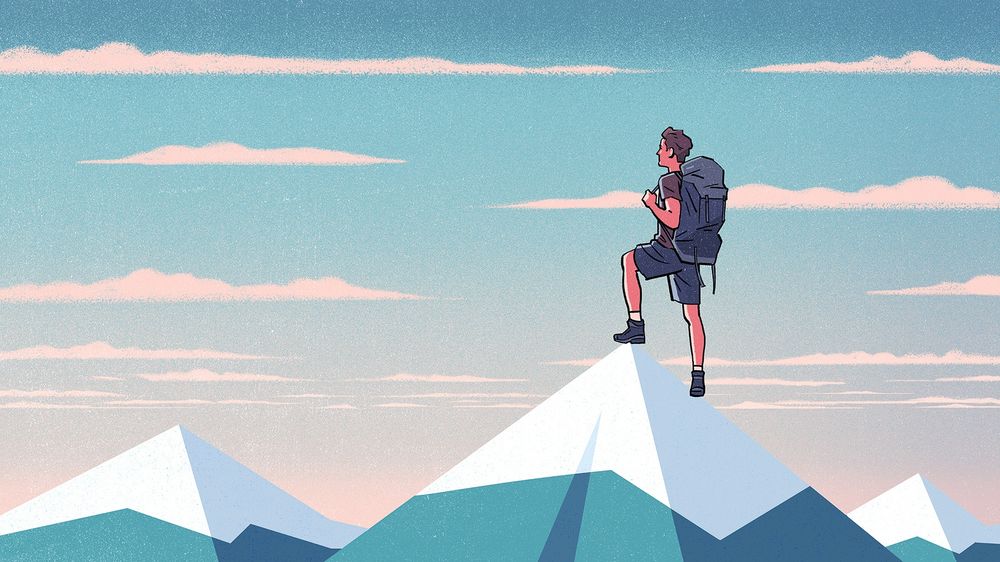 Illustration of a man in shorts and a t-shirt, wearing a large hiking backpack, and standing atop a graphic representation of a snowcapped mountaintop. Artwork by Jori Bolton for the Mr Porter Journal.