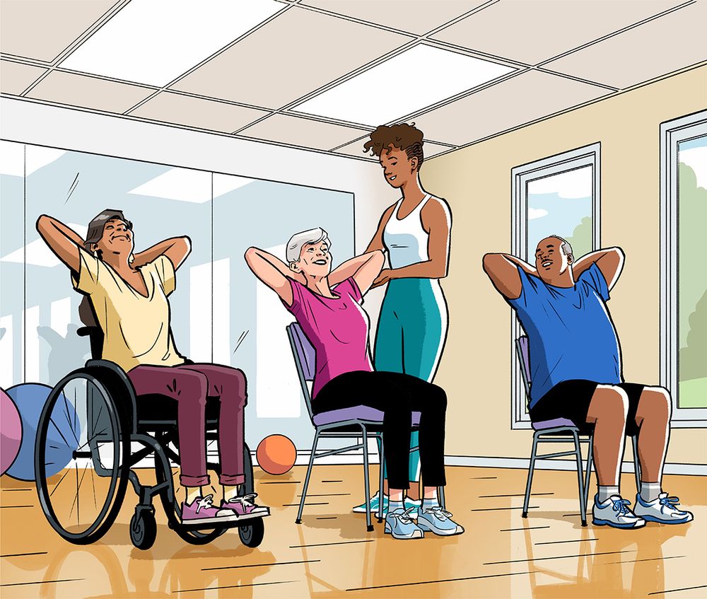 Illustration by Jori Bolton for Renaissance Magazine showing three 50-70 year old people in a Pilates class with their hands behind their heads, stretching back. One female student is in a wheelchair, another female student is being helped by a female instructor who has her hands on the student's arms, and one male student is watching the instructor help the the other student.