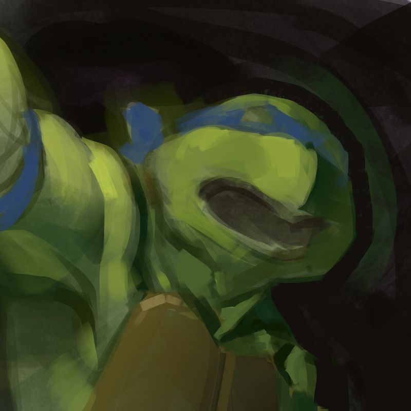 A rough, digital paint sketch of Leonardo from a scene in the 1980's TMNT cartoon, showing a close crop of his face, yelling, as his arm is raised beyond the edge of the canvas. Sketch by Jori Bolton.