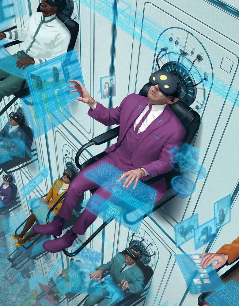 Illustration showing a man in a purple suit sitting in a wall-mounted office chair on a wall that extends beyond the edge of the image, with other workers beside and below in their own wall-mounted chairs, with each wearing a headset and operating holographic interfaces. Illustration by Jori Bolton for Catalyst Game Labs as a cover for Augment Magazine.
