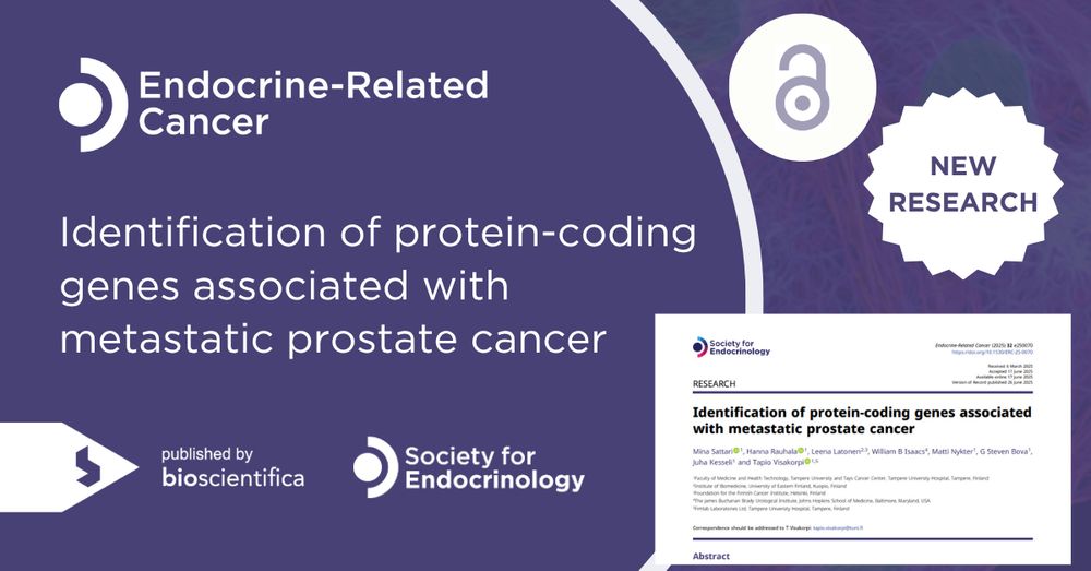 Endocrine-Related Cancer logo. Text reads: Identification of protein-coding genes associated with metastatic prostate cancer. Published by bioscientifica logo and Society for Endocrinology logo. Circle text box reads: NEW RESEARCH. Open access logo. Image of article from doi.org/10.1530/ERC-25-0070.