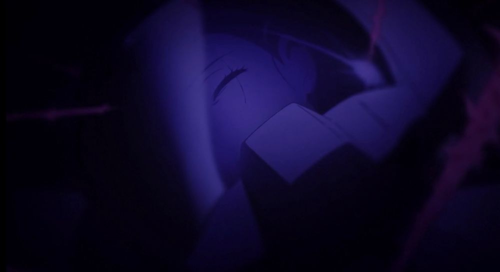 Part of Lalah’s face inside the Elmeth helmet,  her eyes closed.