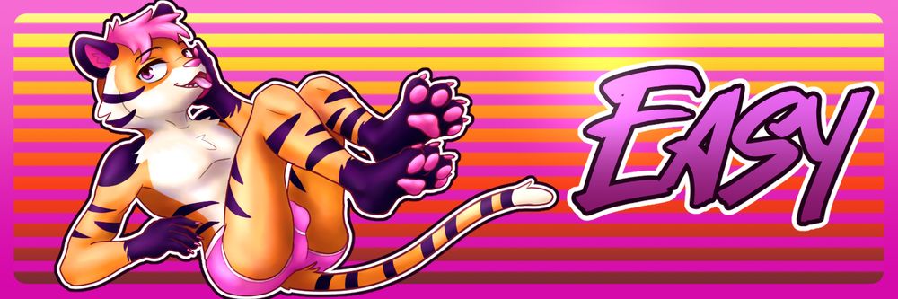 Easy tiger in pink underwear in a revealing pose on a banner image with 80s neon colours