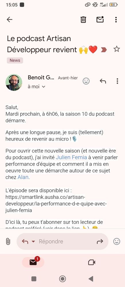 Capture d'écran d'un email indiquant que le podcast revient pour une saison 10 !